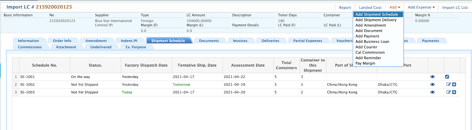 Add Shipment Schedule
